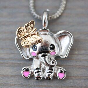 Elephant Pink Style Pendant with Gold Butterfly Necklace Silver Plated